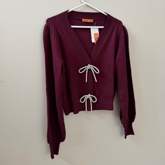 Belldini Balloon Sleeve Burgundy Cardigan Sweater with Rhinestone Bows, Sz M - Picture 4 of 11